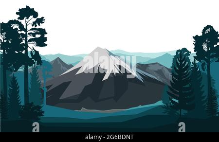 Paesaggio di montagna. La foresta infestata. Alberi di conifere e decidui. Silhouette. Isolato su sfondo bianco. Montagne, rocce all'orizzonte. v Illustrazione Vettoriale