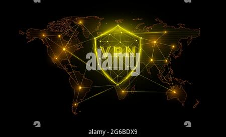 Illustrazione vettoriale poligonale di una rete privata virtuale, schermo con vpn e mappa del mondo. Illustrazione Vettoriale