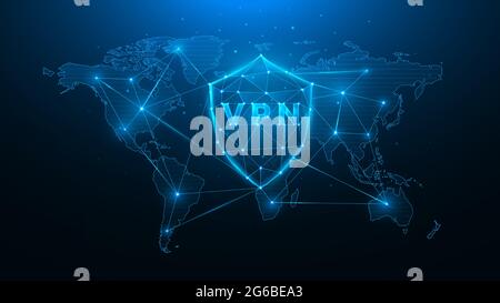 Illustrazione vettoriale poligonale della rete privata virtuale, schermo con vpn e mappa mondiale, concetto di protezione dei dati utente in tutto il mondo. Illustrazione Vettoriale