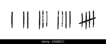 Tally segna da uno a cinque. Linee o bastoncini disegnati a mano. Semplice visualizzazione matematica del conteggio, prigione o banco di prigione. Set di icone numeriche Illustrazione Vettoriale