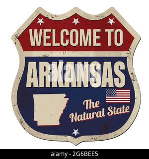 Benvenuti in Arkansas vintage metallo arrugginito segno su uno sfondo bianco, illustrazione vettoriale Illustrazione Vettoriale