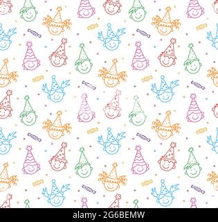 Modello senza cuciture con i doodles felici del compleanno. Volti divertenti per i bambini. Bambini in cappelli di festa in una vacanza divertente. Disegno di bambini disegnati a mano. Vettore colore Illustrazione Vettoriale