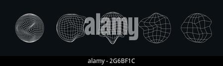 Icone del pianeta retrovuturistico con liquido, effetto glitch. Cyberpunk geometria di pianeti. Set di una forma circolare digitale. Elementi di progettazione per poster Illustrazione Vettoriale