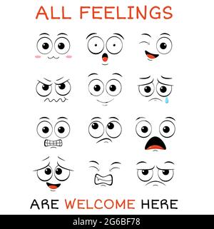 Tutti i sentimenti sono benvenuti qui. Banner vettoriale con affermazione per i bambini sala giochi. Carino carta d'ispirazione con emoji e lettere. Citazione motivazionale Illustrazione Vettoriale