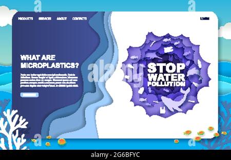 Stop inquinamento acqua Landing page design, sito web banner vettore modello. Impatto nocivo della microplastica sulla vita degli oceani. Illustrazione Vettoriale