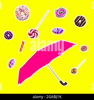 Design moderno, collage d'arte contemporanea. Ispirazione, idea, stile urbano alla moda rivista. Composizione con ciambelle e ombrello al neon giallo Foto Stock