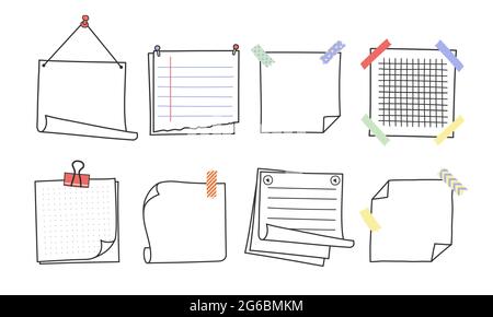 Doodle appunti disegnati a mano e promemoria set di illustrazioni vettoriali. Illustrazione Vettoriale