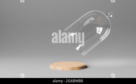 podio in legno con cupola in vetro che galleggia sulla parte superiore per l'esposizione di prodotti alimentari o cosmetici. rendering 3d Foto Stock