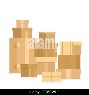 Immagine vettoriale pila di scatole di cartone sigillate impilate. Scatole di consegna e contenitori isolati su sfondo bianco in stile cartoon piano. Illustrazione Vettoriale