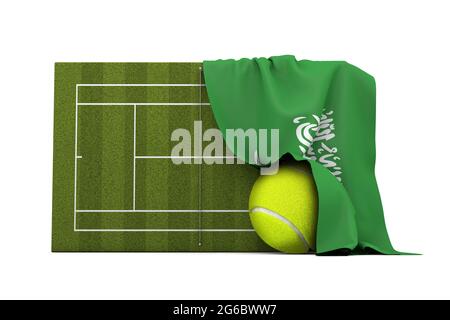 Bandiera dell'Arabia Saudita drappeggiato su un campo da tennis in erba e palla. Rendering 3D Foto Stock