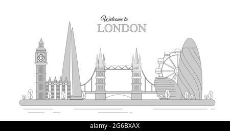 Illustrazione vettoriale del paesaggio urbano di Londra come un'infografica delle attrazioni turistiche della Gran Bretagna, benvenuto nel regno Unito. Concetto di viaggio. Illustrazione Vettoriale