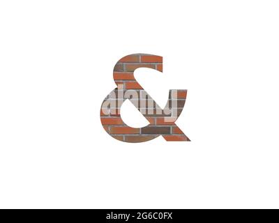 E segno dell'alfabeto fatto con parete di mattoni, in marrone, arancione, grigio rosso e isolato su sfondo bianco Foto Stock
