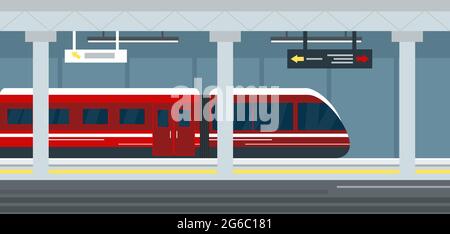 Illustrazione vettoriale dell'interno della stazione della metropolitana vuota, della stazione della metropolitana, della piattaforma della metropolitana e del treno. Moderno concetto metropolitano urbano. Illustrazione Vettoriale