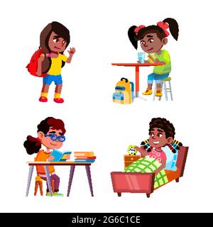 Bambini Ragazze giornaliere attività di routine Set Vector Illustrazione Vettoriale