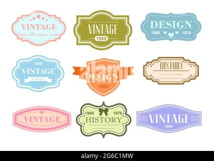 Illustrazione vettoriale Set di etichette vintage, adesivi in colori pastello su sfondo bianco con testo. Illustrazione Vettoriale