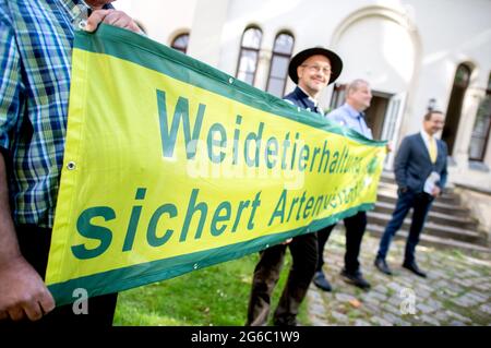 Hannover, Germania. 05 luglio 2021. I pastori si trovano nel cortile interno del Ministero dell'ambiente della bassa Sassonia, con una scritta che indica "l'allevamento di animali da pascolo garantisce la biodiversità". Il Landvolk Niedersachsen ha effettuato un'indagine rappresentativa sulla protezione del bestiame e dei lupi che pascolano nella bassa Sassonia. Credit: Hauke-Christian Dittrich/dpa/Alamy Live News Foto Stock