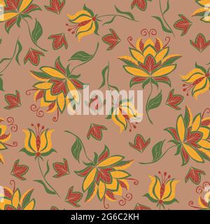 Motivo vettoriale senza cuciture con fiori gialli su sfondo beige. Bel disegno vintage floreale della carta da parati. Ricamo moda tessile. Illustrazione Vettoriale