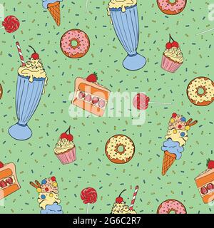 Pattern vettoriale senza cuciture con torte su sfondo blu. Disegno di tappezzeria di cupcake, milkshake e gelato. Divertente dolce cibo da cucina tessuto. Illustrazione Vettoriale