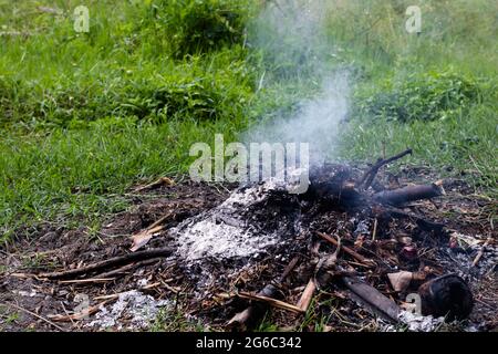 Bruciare i mucchi di rifiuti e il fumo crea inquinamento atmosferico, l'ambiente circostante è verde erba. Foto Stock