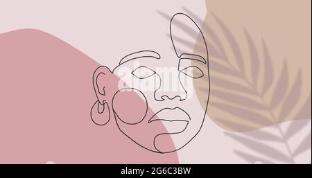 Immagine del disegno di faccia in contorno nero contro foglia in movimento su sfondo rosa pastello Foto Stock