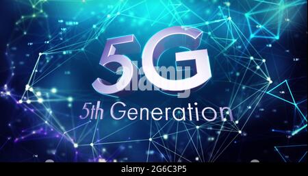 Immagine di 5 g di testo di 5a generazione su una rete di connessioni incandescente Foto Stock