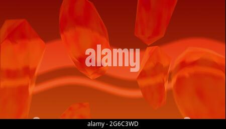 Forme organiche crytalline traslucide arancioni che ruotano su uno sfondo arancione ondulato Foto Stock