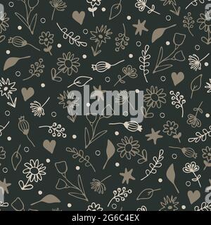 Motivo vettoriale senza cuciture con piccoli fiori grigi su sfondo verde scuro. Semplice disegno a mano della carta da parati floreale. Prato estivo decorativo. Illustrazione Vettoriale