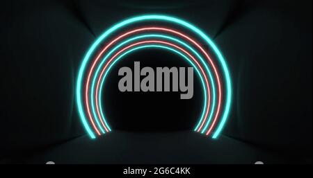 Archi di luce al neon blu e rosa Concetric che pulsano su uno sfondo nero Foto Stock