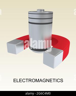 Illustrazione 3D dello script ELETTROMAGNETICO sotto un magnete e una batteria, isolato su un gradiente marrone chiaro. Foto Stock