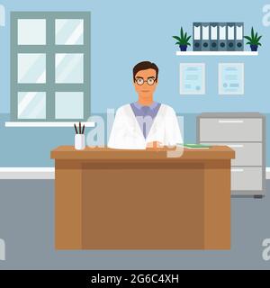 Immagine vettoriale ritratto di bel giovane medico di sesso maschile in ufficio seduto alla scrivania e sorridente. Buon medico in stile cartoon piano. Illustrazione Vettoriale