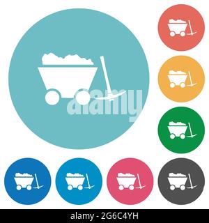 Caricato il carrello della miniera e piccone bianco piatto icone su sfondi rotondi di colore Illustrazione Vettoriale