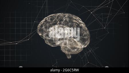 Cervello rotante contro la rete di connessioni su sfondo nero Foto Stock