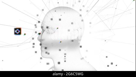 Cervello rotante contro la rete di connessioni su sfondo bianco Foto Stock