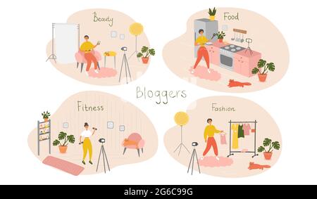 Set di blogger e vloggers che fanno contenuti Internet. Bellezza, cibo, fitness, blogger di moda. Influencer che sparano vlog. Cartoni animati vettoriali Illustrazione Vettoriale