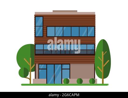 Illustrazione vettoriale di bella casa immobiliare moderna. Famiglia sogno casa con alberi. Architetto concetto di business. Facciata casa appartamento, cottage Illustrazione Vettoriale