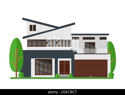 Illustrazione vettoriale di bella casa immobiliare moderna. Casa da sogno per la famiglia. Architetto concetto di business. Facciata casa appartamento, cottage in appartamento Illustrazione Vettoriale