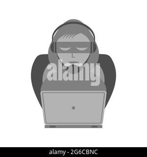 Hacker con icona del portatile isolata su sfondo bianco Foto Stock