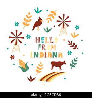 Mappa illustrata dello stato dell'Indiana negli Stati Uniti con città e luoghi di interesse. Illustrazione vettoriale modificabile Illustrazione Vettoriale