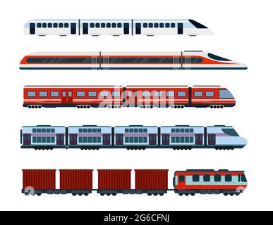 Illustrazione vettoriale di treni passeggeri moderni. Trasporto in metropolitana, treni ad alta velocità e metropolitana. Treno della metropolitana in stile piatto. Illustrazione Vettoriale