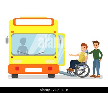 Illustrazione vettoriale dell'uomo che aiuta l'uomo disabile in una com sedia a rotelle nell'autobus nella stazione degli autobus in stile cartoon piano. Illustrazione Vettoriale