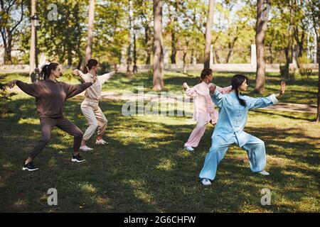 Quattro persone che fanno esercizi tai chi su erba all'aperto Foto Stock