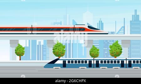 L'illustrazione vettoriale dei treni moderni attraversa la città degli edifici urbani. Trasporto pubblico, sfondo della città in stile piatto. Illustrazione Vettoriale