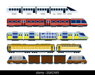 Illustrazione vettoriale di una collezione di locomotive ferroviarie moderne, di carri passeggeri e di treni di velocità in stile cartoon piano. Illustrazione Vettoriale