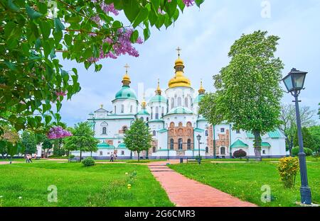 La vista dell'abside della Cattedrale di Santa Sofia dal suo parco verde con lilla fiorente e castagno in primo piano, Kiev, Ucraina Foto Stock