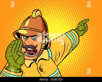 I vigili del fuoco retrò urlano su un fuoco. Pericolo e soccorritori Illustrazione Vettoriale