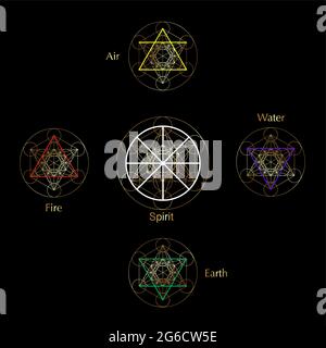 Quattro icone di elementi e simbolo di Magic Spirit, simboli rotondi in oro set modello. Simbolo di aria, fuoco, acqua, terra. Pittogramma Alchimia segni isolati Illustrazione Vettoriale