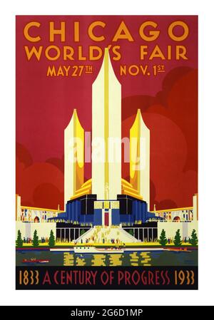 Un secolo di Progress International Exposition, conosciuta anche come la fiera mondiale di Chicago. Poster Chicago 1933. Innovazione tecnologica. Foto Stock