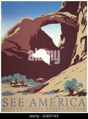 VEDERE AMERICA, poster di viaggio vintage. Benvenuto a Montana, poster WPA, ca. 1937. Due Cowboys alle formazioni rocciose. United States Travel Bureau. Foto Stock
