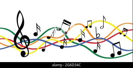 Note musicali Stave line pattern simboli icona per staff e musica nota tema trasparente sfondo onda piano, jazz note sonore Fun vettore segno chiave C Foto Stock