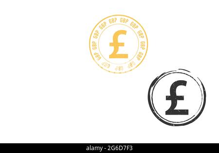 UK Pound Sterling grunge timbro sigillo modello vettoriale. Simbolo della valuta tradizionale con design a forma di sigillo con francobollo a grunge Illustrazione Vettoriale